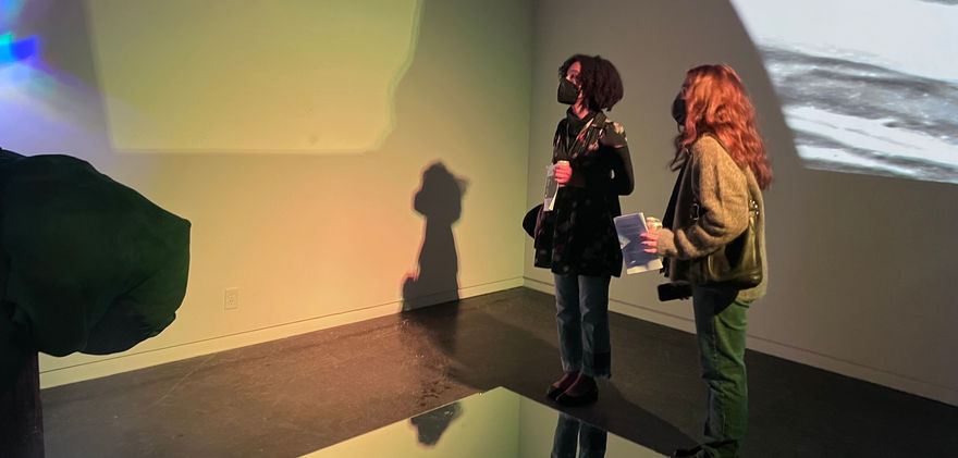 Two people stand by a mirror and look up at abstract projection on green wall.