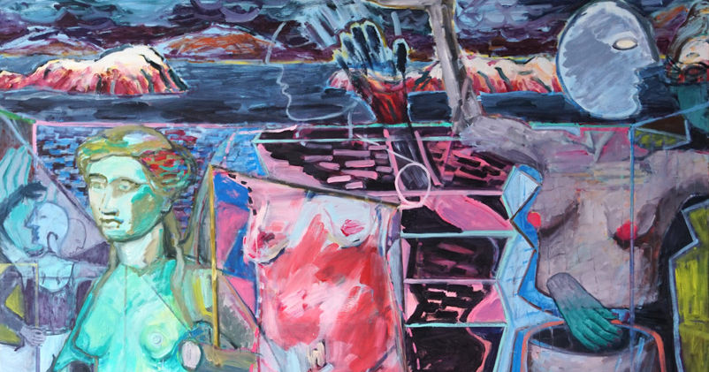 painting with abstract brush strokes and figures who are discombobulated