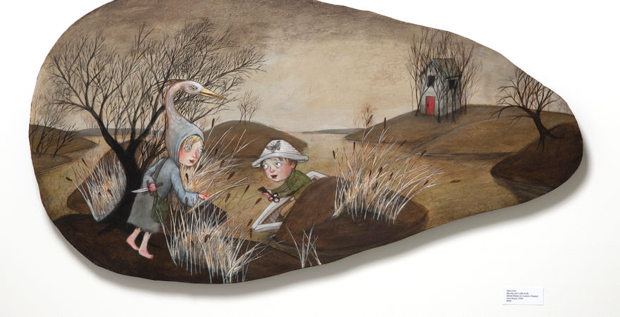 painting with two children standing next to river with house in background