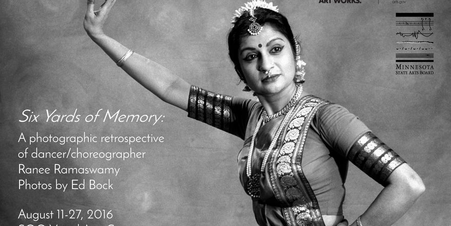 Poster of choreographer and dancer Ranee Ramaswamy with black and white photo of woman against abstract grey background in dance position with raised hand 