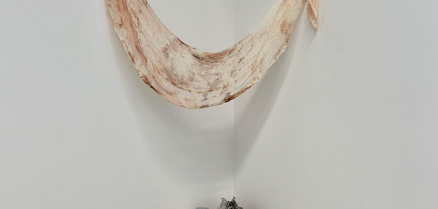 Corner of two intersecting white walls. Tarp hangs on the wall. Two tarp legs sit in the corner.