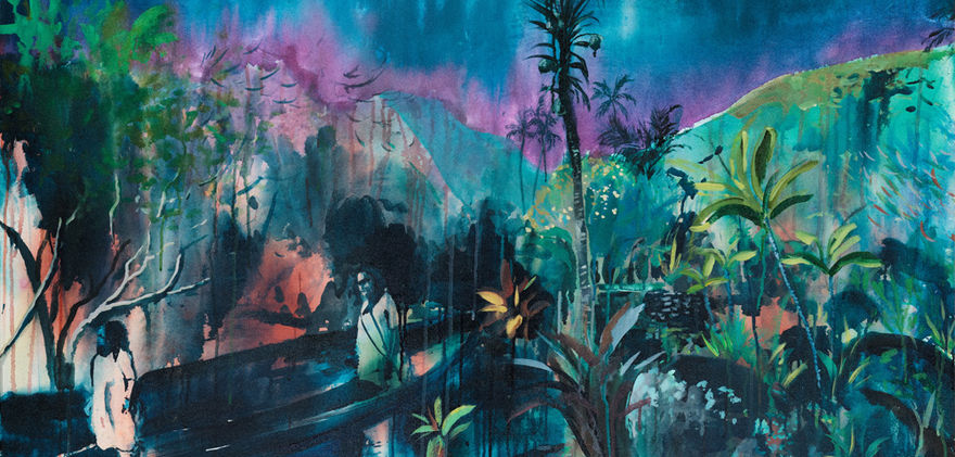 blue painting of nature and woman walking through river