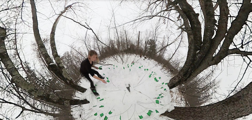 Distorted image of woman in winter with green bottles