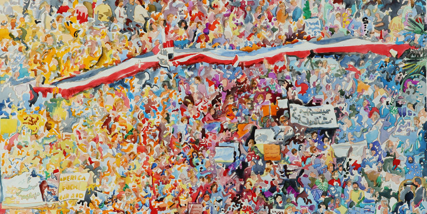 complicated and colorful watercolor painting of crowd of people
