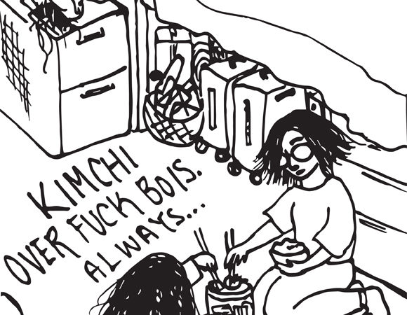 ink drawing of people sitting on floor in room 