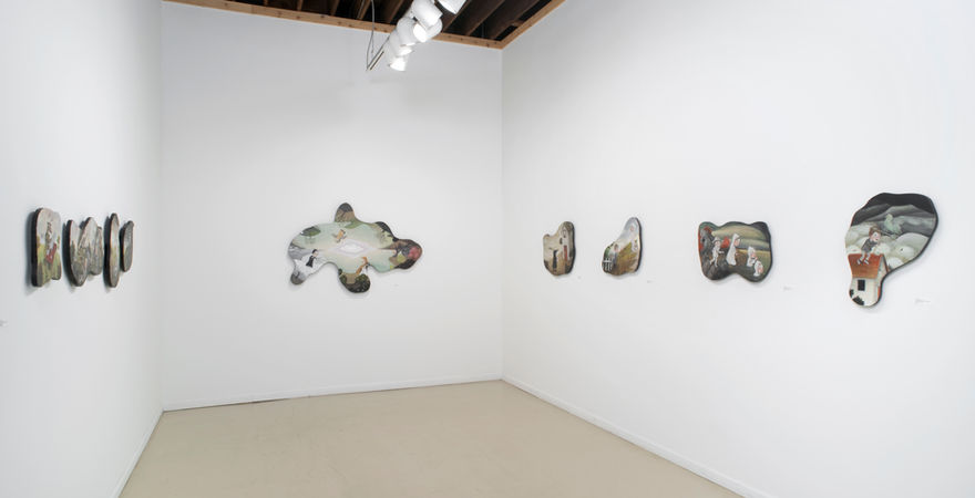 gallery with small oil paintings with illustrative compositions