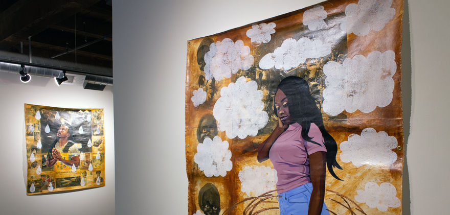 oil painting of black woman in brown background with white cloud shapes