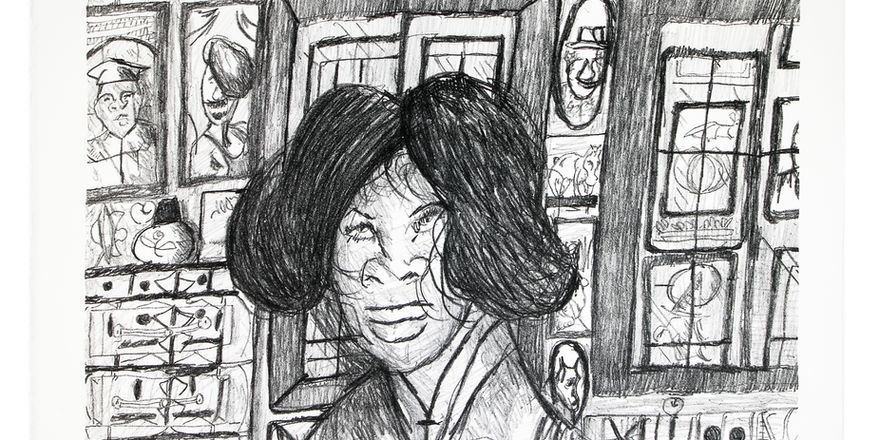 Black and white drawing of woman by windows