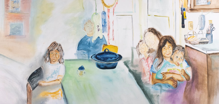 Watercolor close up of kids and grandparents in kitchen
