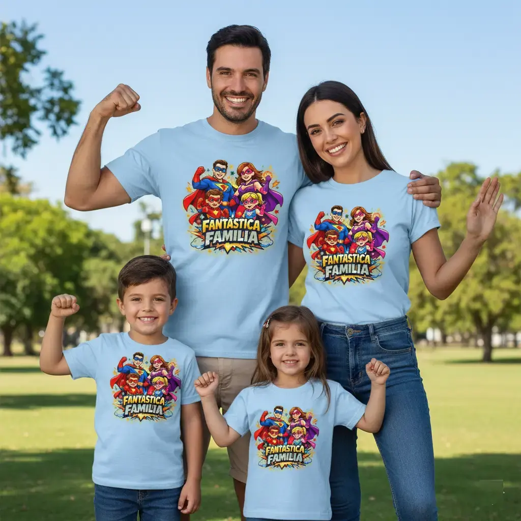 Familia con camisetas familiares superhéroes