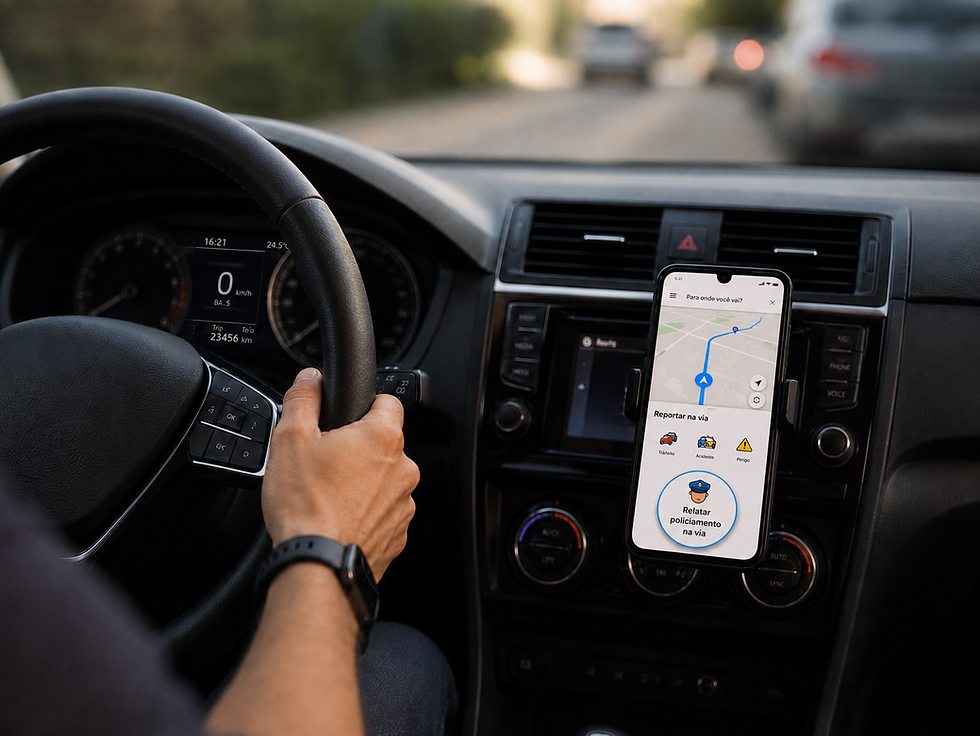 Motorista ao volante observa celular no painel com aplicativo de trânsito e opção para relatar policiamento na via.