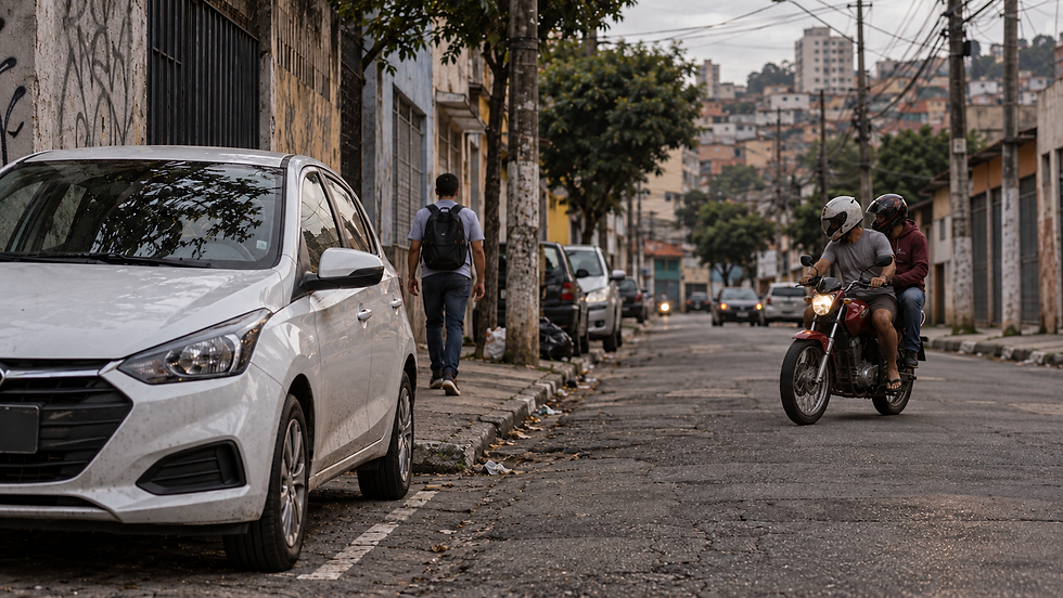 Carro branco estacionado na rua em São Paulo com moto com dois homens passando ao fundo, ilustrando o risco de furto e a importância do rastreamento veicular.
