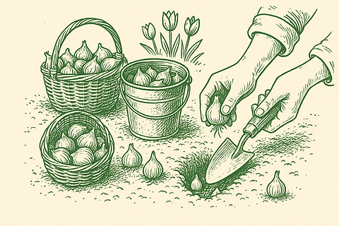 Gardener Planting Spring Bulbs with Tulips