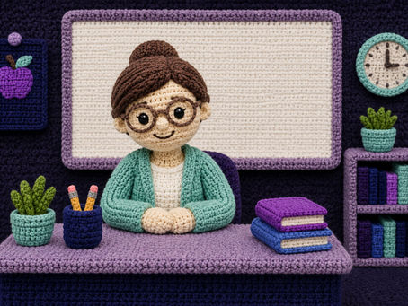 Crocheted teacher sitting at a classroom desk with books, plants and a whiteboard in a purple-themed classroom scene
