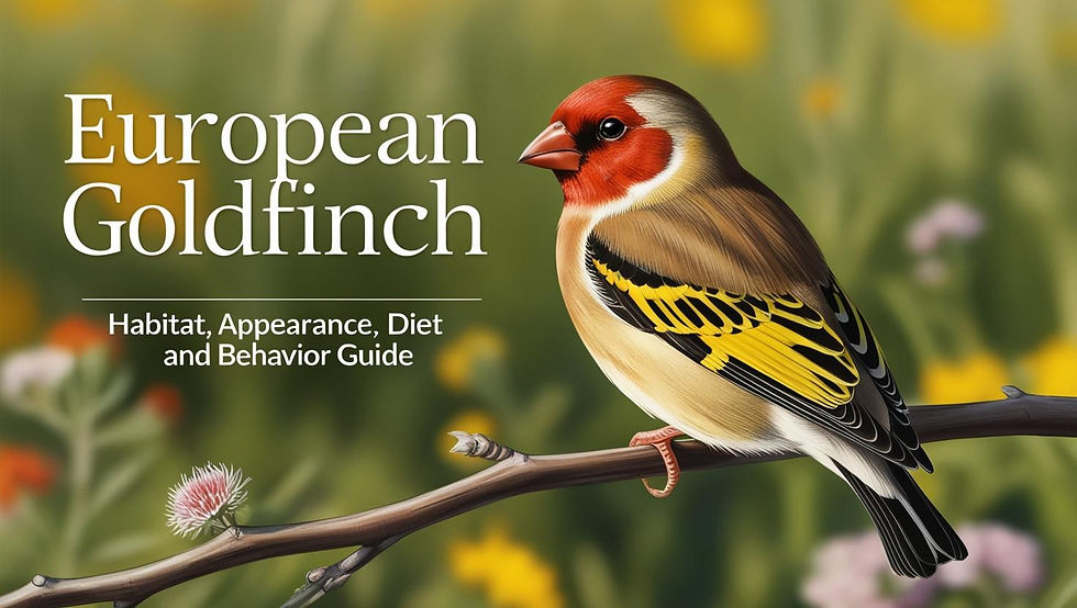 Illustration of a European Goldfinch perched on a branch, showcasing its vibrant red face, black and white head, and yellow wing stripe, with a natural green background.