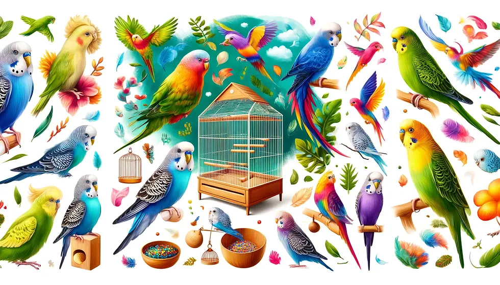 Illustration of multiple parakeet species in a bright, natural setting with a spacious cage, toys, perches, and food elements.