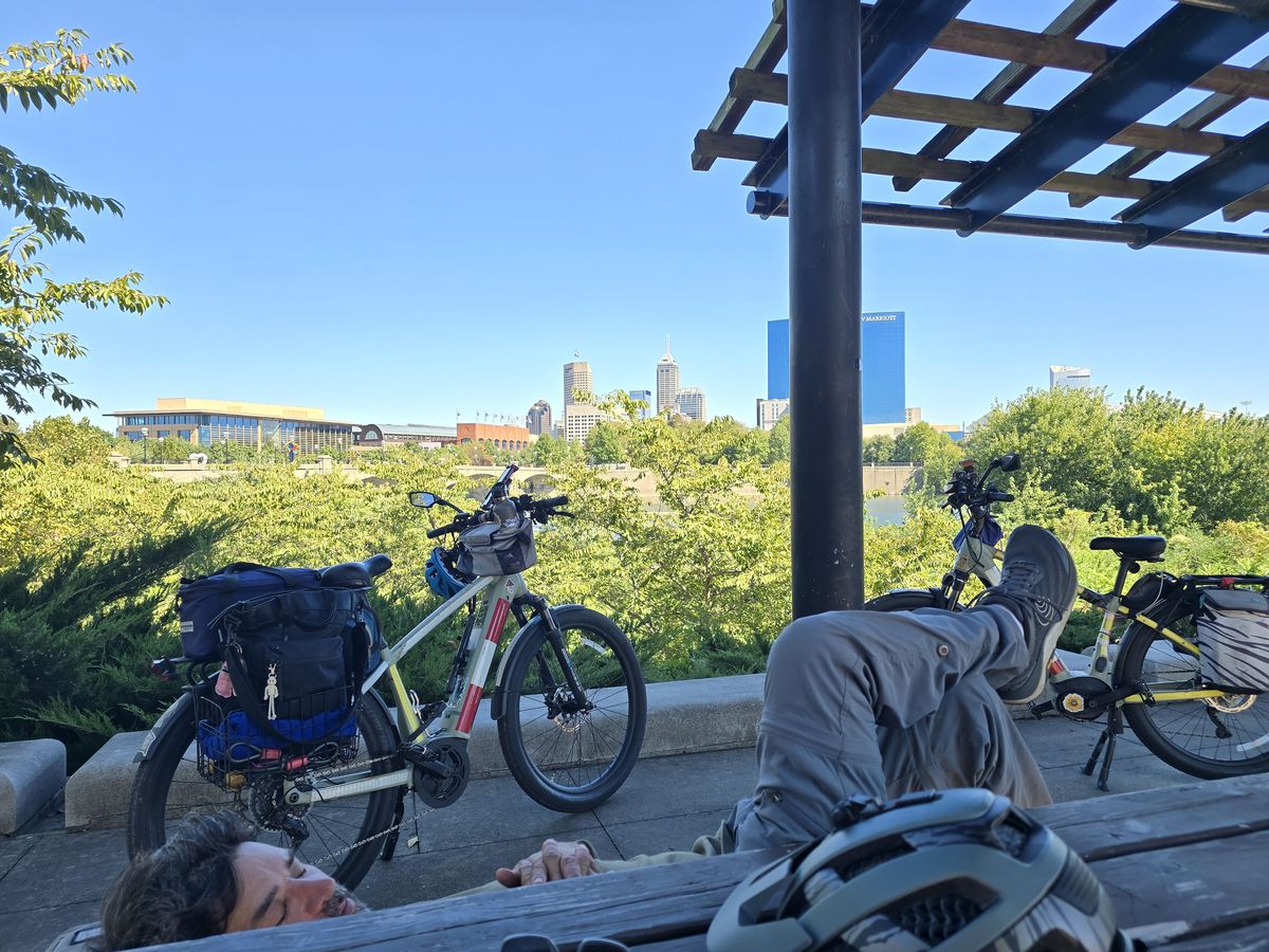 This is our normal break spot.  Eric is pretending to take a nap for the picture.