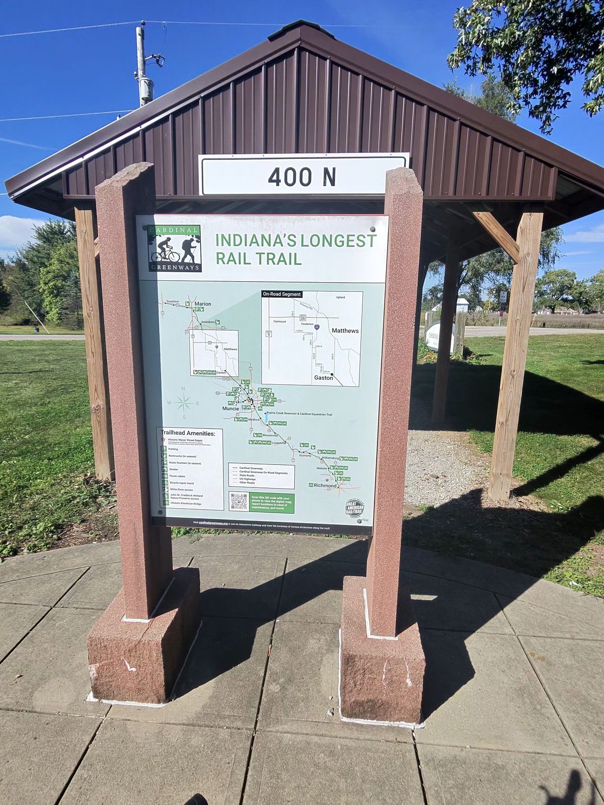 They claim that this is Indiana's longest trail, but it has a huge discontinuity between where we parked in Gaston and the northern section of the trail which starts in Gas City. It is several miles of road travel in between.