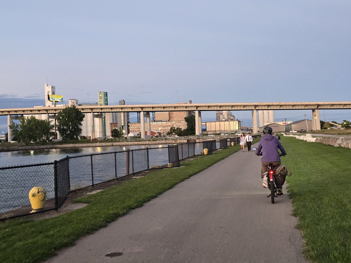 Back on the waterfront trail with the old grain elevators in the distance.