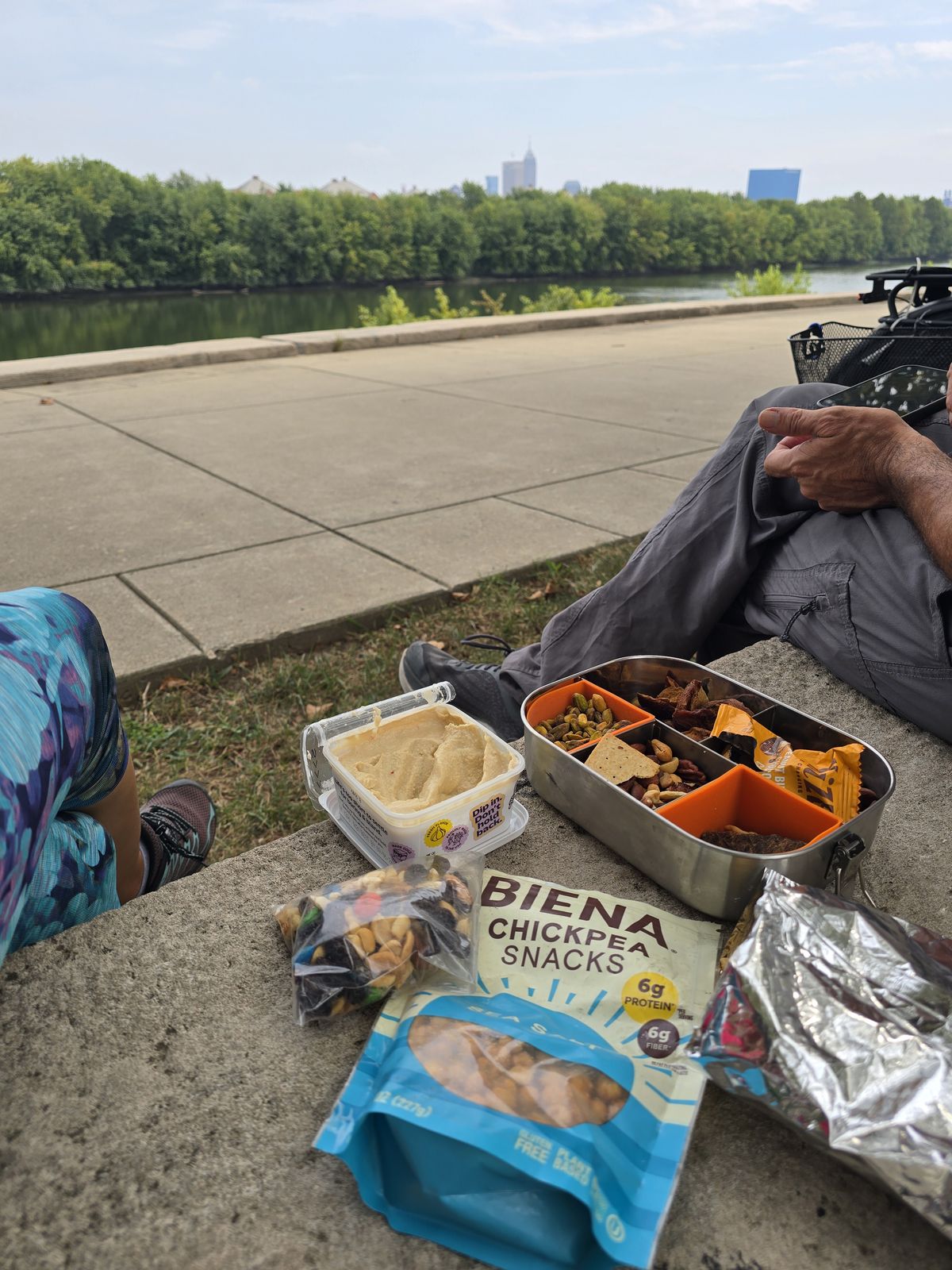 Our snacky picnic lunch overlooking the White River and downtown Indy.