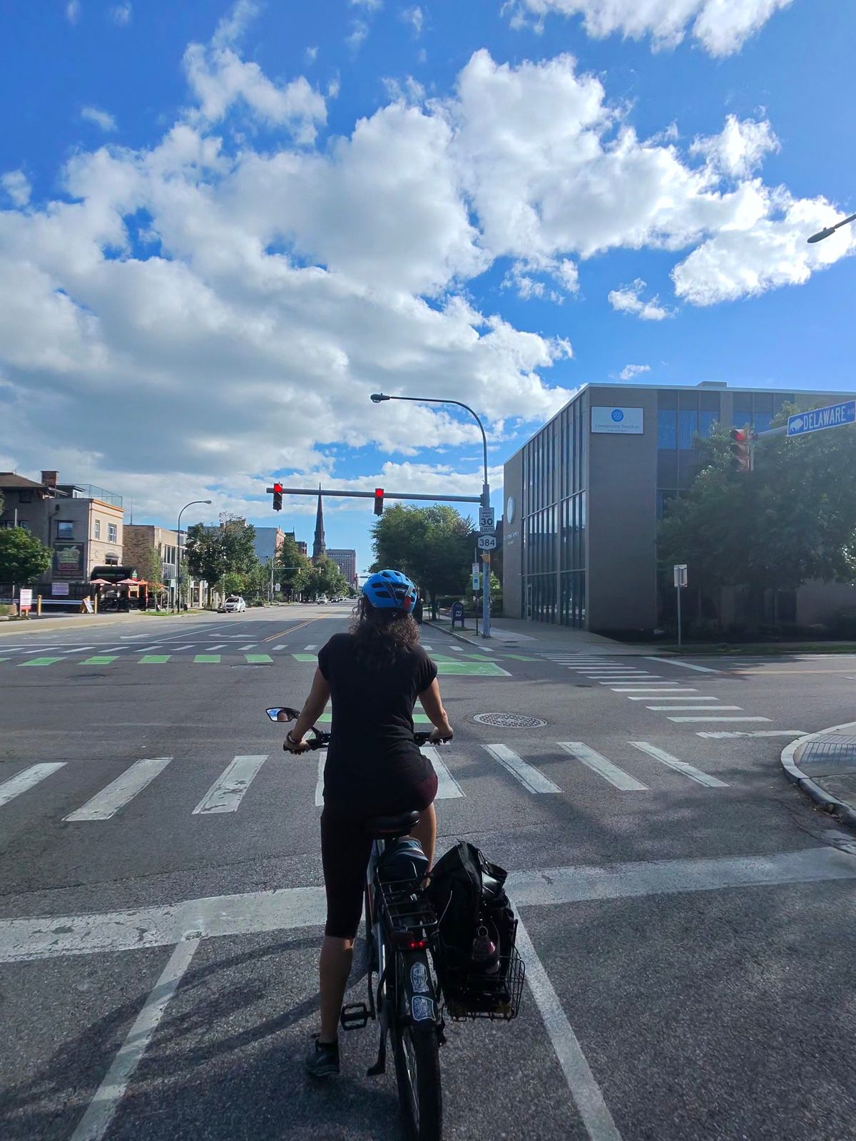 There are a lot of bike lanes in Buffalo. The side streets are all 4 way stops.