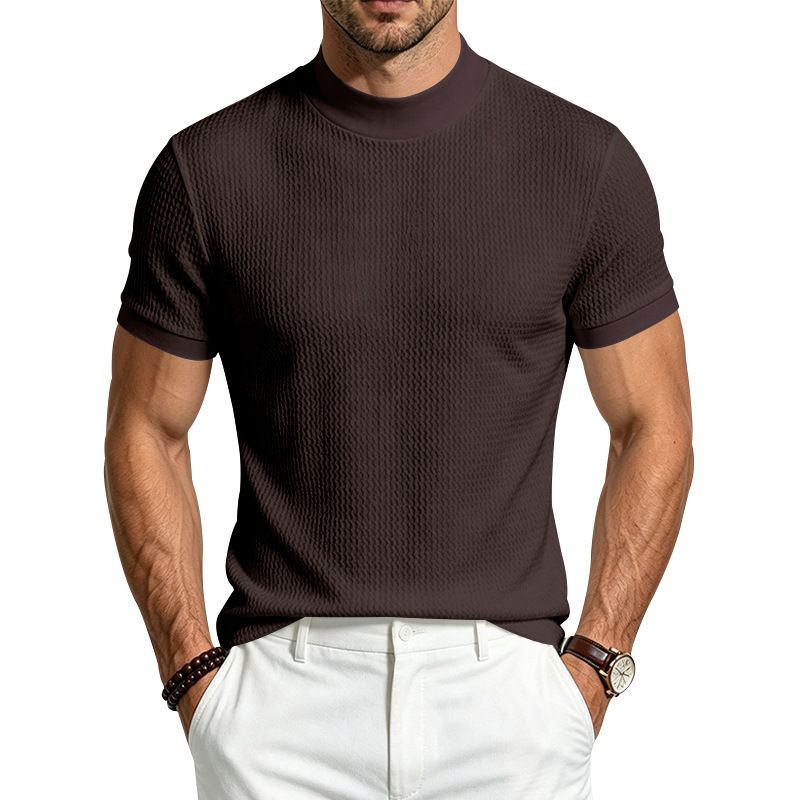 Thumbnail: Men Summer Solid Jacquard Textured Mock Neck Short Sleeve T Shirt Slim Fit Simpl