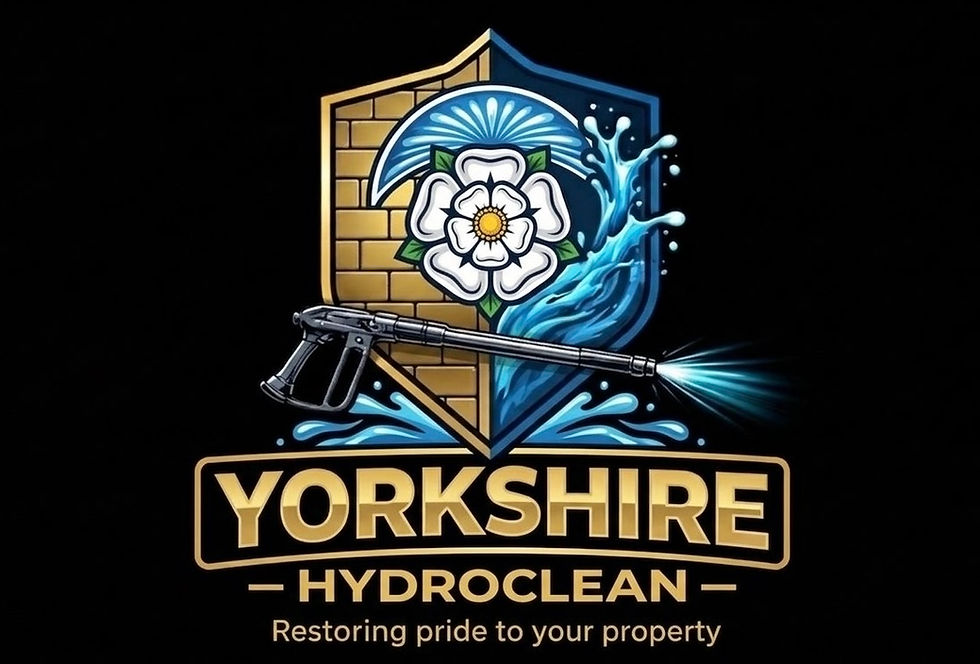 Logo image for Yorkshire Hydroclean with a pressure washer, Yorkshire rose, water splash, and the text 'YORKSHIRE HYDROCLEAN – Restoring pride to your property' on a black background.