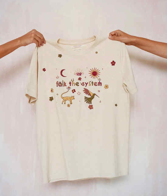 Merakilabbe folk the system t-shirt design with birds sun moon and unique fonts and magical animals