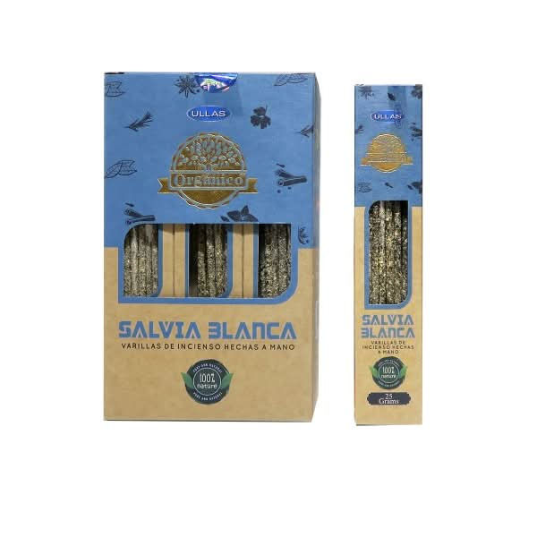 Caixa de incenso Ullas Sálvia Branca com varetas artesanais – limpeza energética e proteção espiritual