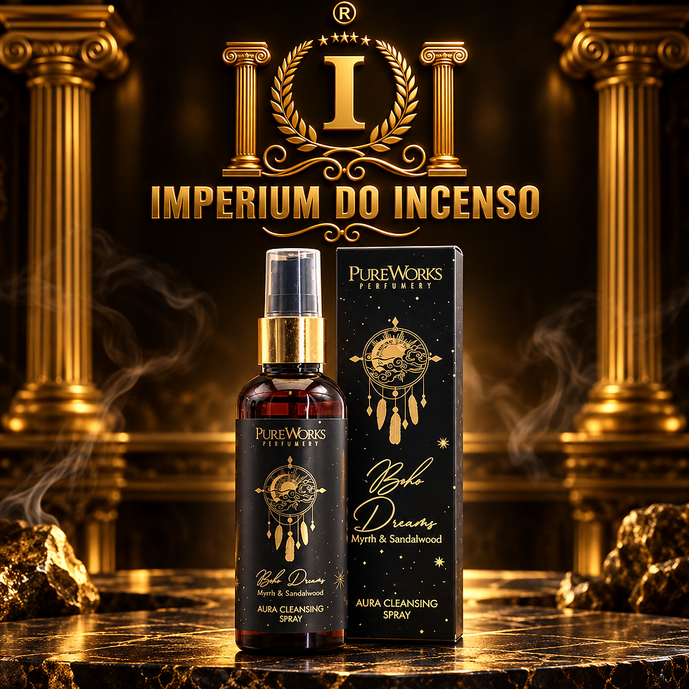 Spray de Limpeza Energética Boho Dreams – Mirra & Sândalo, da coleção esotérica PureWorks Perfumery, desenvolvido para perfum