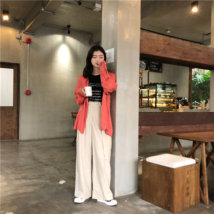 縮圖：d133 高腰繫帶寬鬆直筒休閒闊腿褲