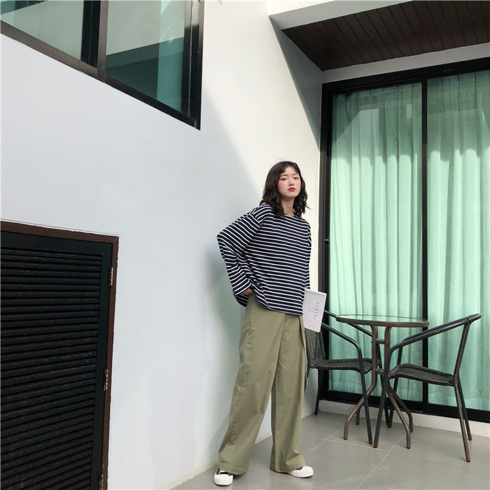 縮圖：d133 高腰繫帶寬鬆直筒休閒闊腿褲