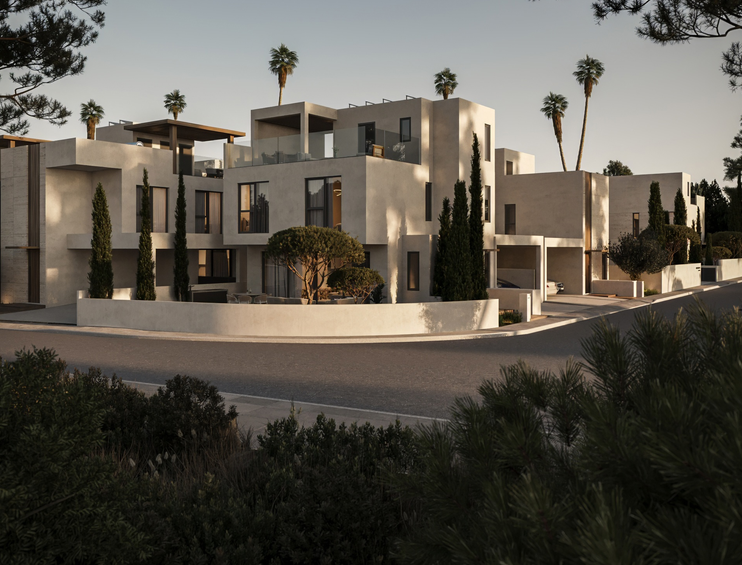 Elegant mansion exterior with palm-lined frontage