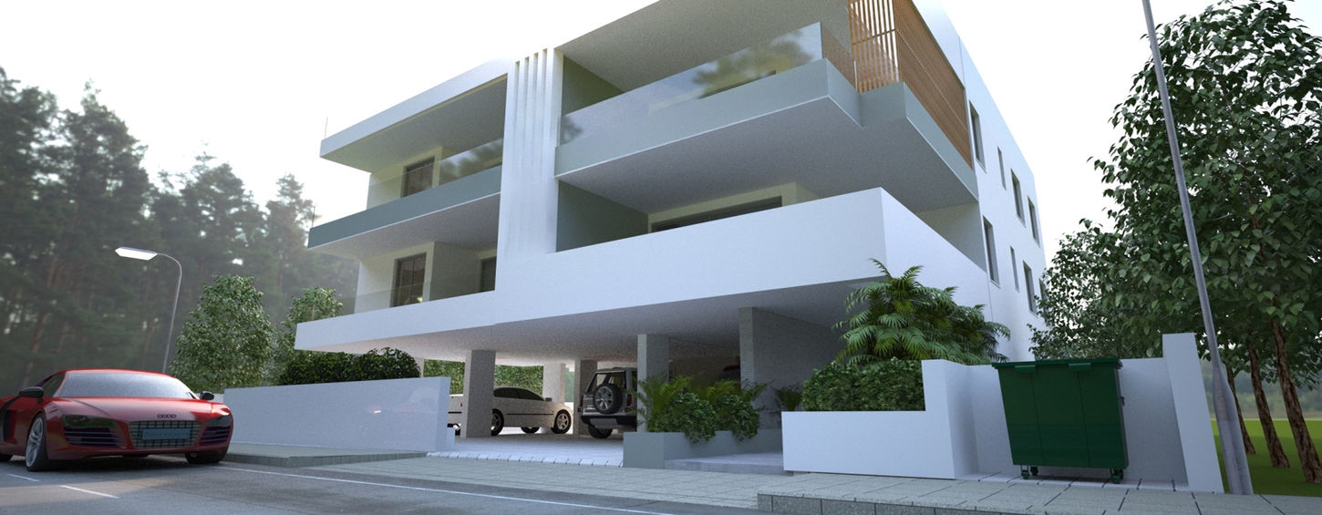 Contemporary residential building with parking spaces