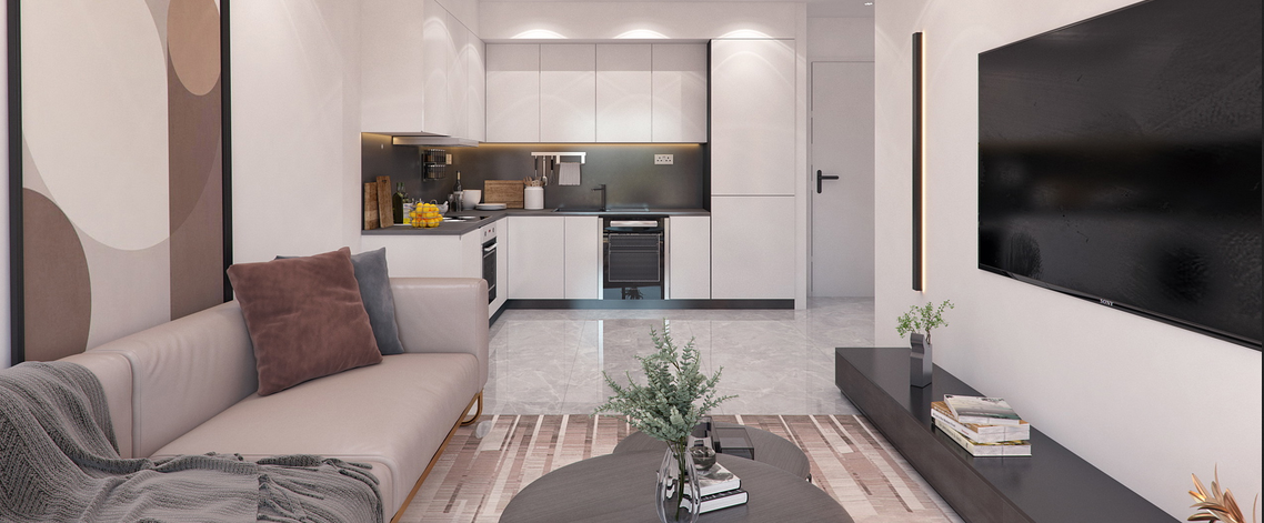 Modern living room and kitchen area
