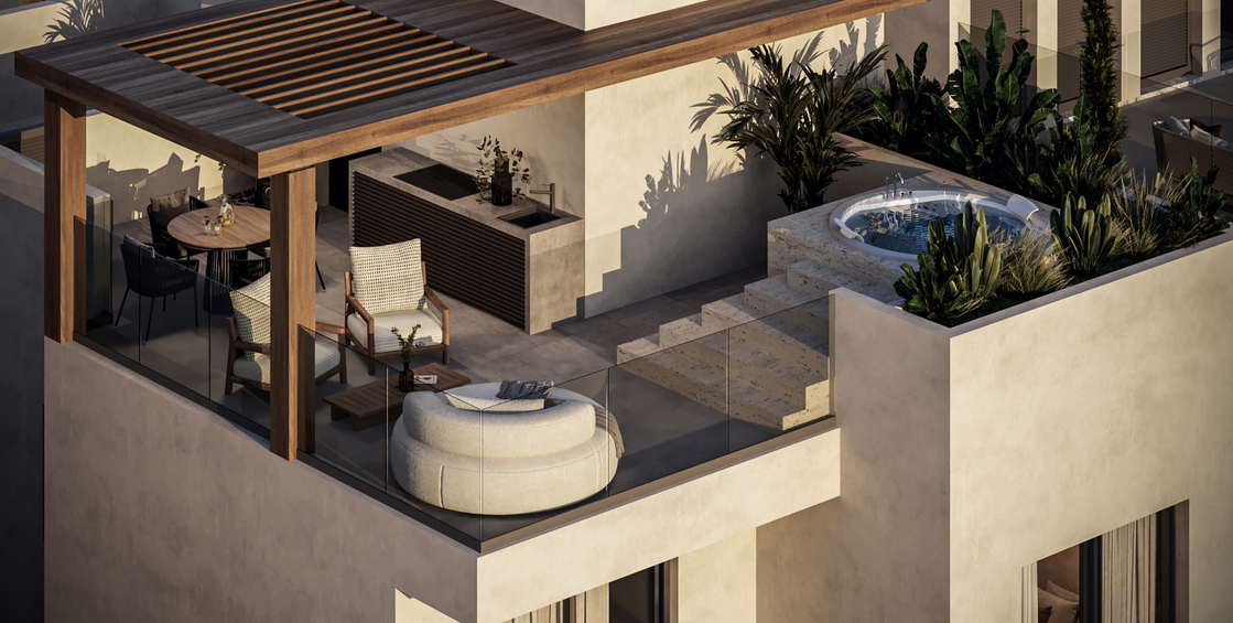 Rooftop terrace with pergola and lounge seating