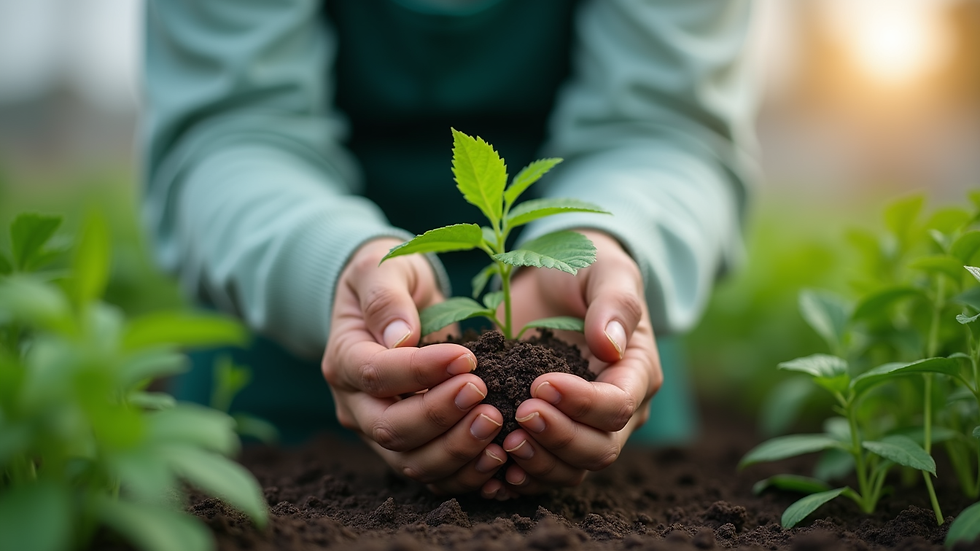 Close-up de mãos segurando uma planta em laboratório agrícola