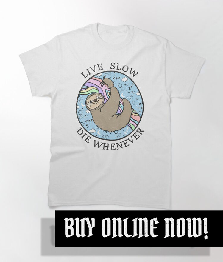 A white t shirt, on the front is a cute illustration of a sloth clinging to a tree branch. It's brightly coloured and really fun. Around the illustration it says "LIVE SLOW DIE WHENEVER"
