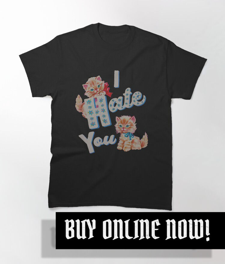 A black t-shirt with two adorable retro illustrations of kittens on the front, in between them in large cute font it says "I HATE YOU"