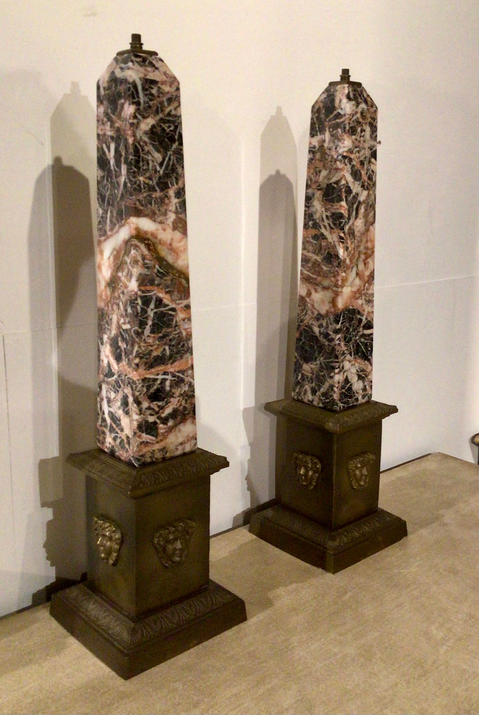 Thumbnail: Pair of marble and bronze obelisk lamps