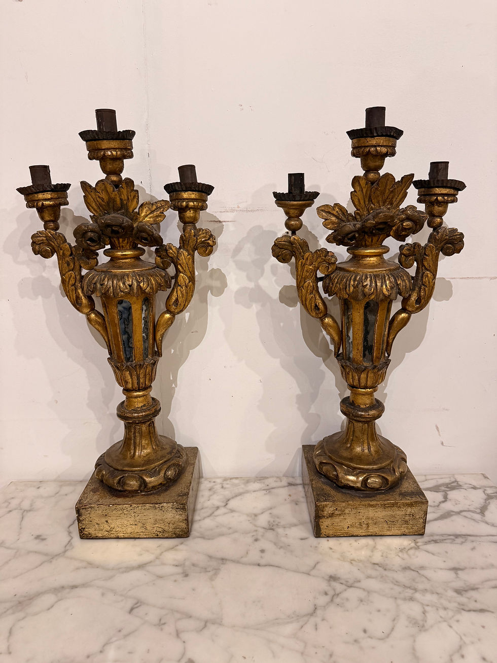 Thumbnail: 18th Century Pair of Italian Giltwood Candelabra