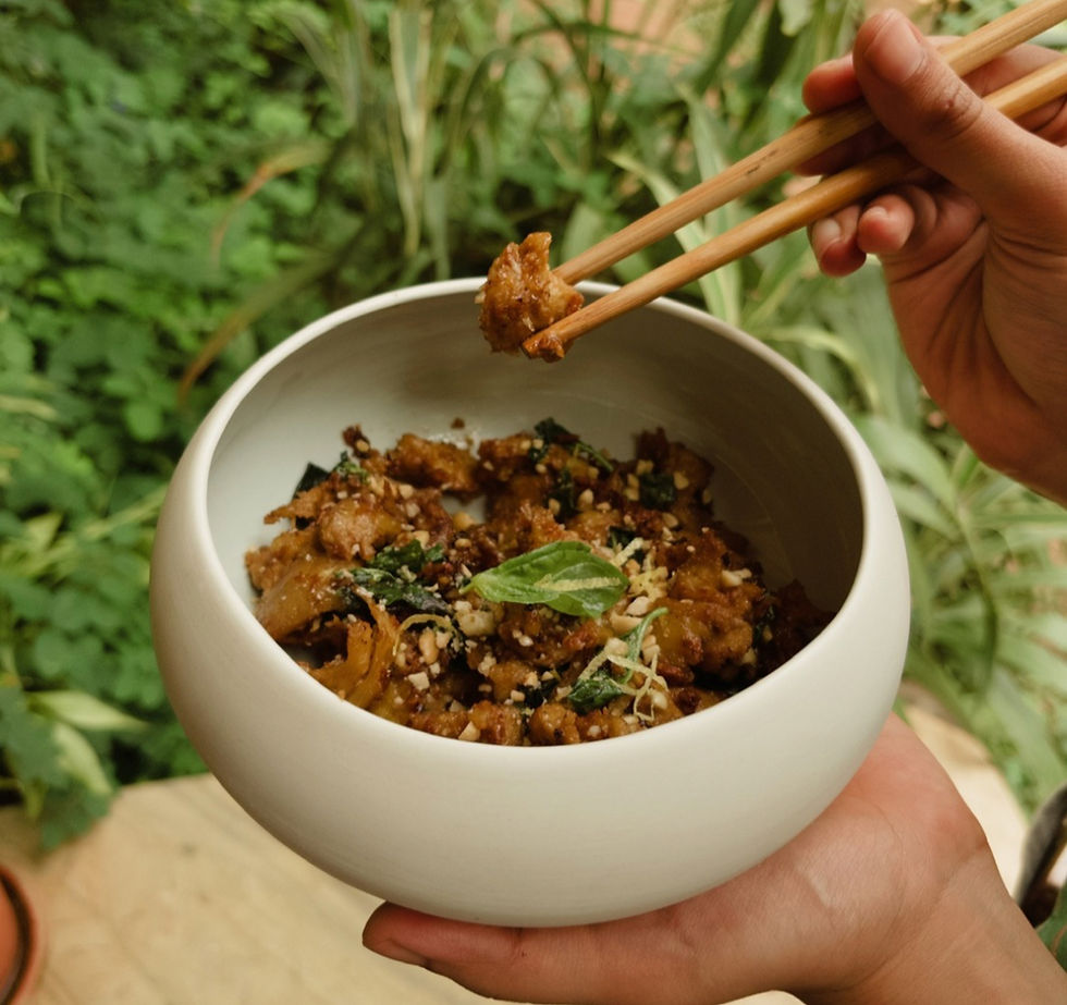 the vegan school's pad kra pao made with seitan