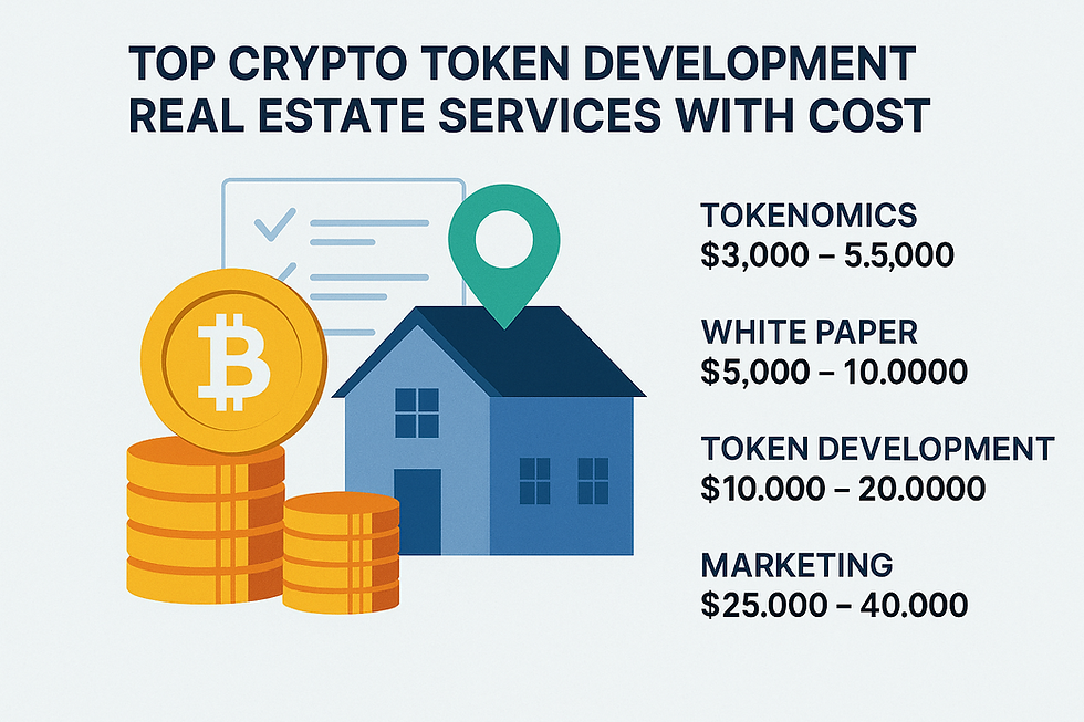 Crypto services image with Bitcoin stacks, house, and a map pin. Text lists costs for tokenomics, white paper, token dev, and marketing.