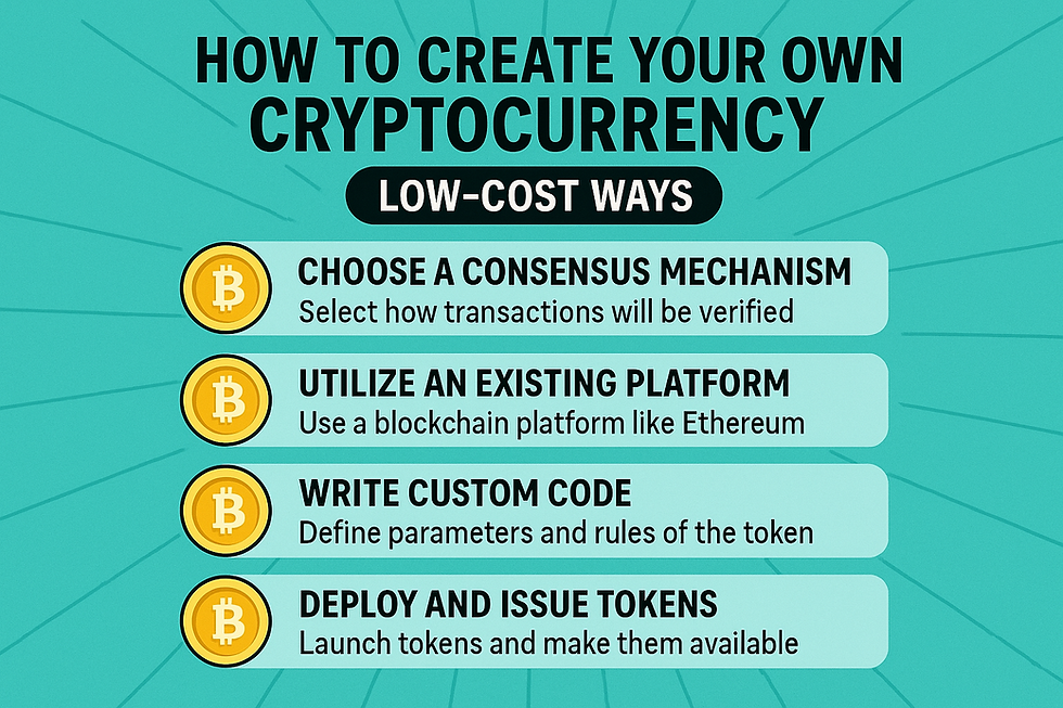 Teal graphic on creating cryptocurrency with four steps: choose mechanism, use platform, write code, deploy tokens. Bitcoin icons included.