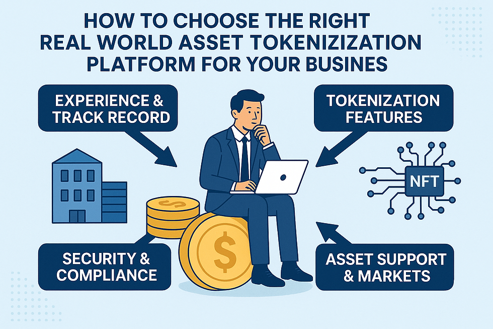 Man in suit sits on coins with a laptop, surrounded by text: Experience, Security, Tokenization, Asset Support. Light blue background.