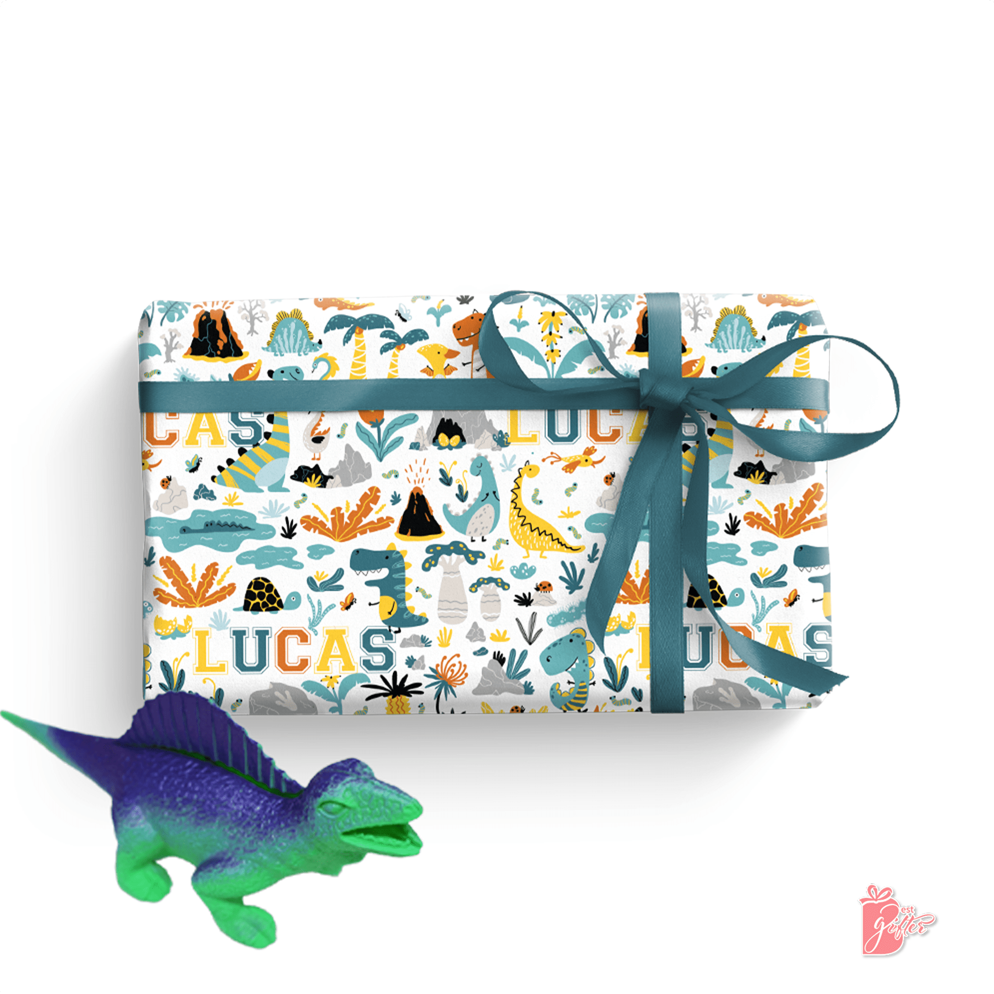 Enchanting and Colorful Gift Wrap - Prehistoric Creatures and Nature Illustrations on White Background