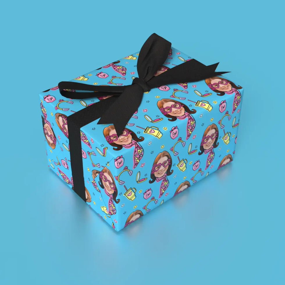 y2k birthday wrapping paper with face blue