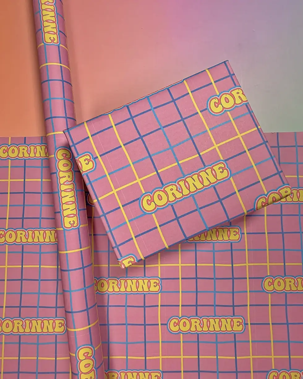 custom name spring gift wrap in pink blue yellow