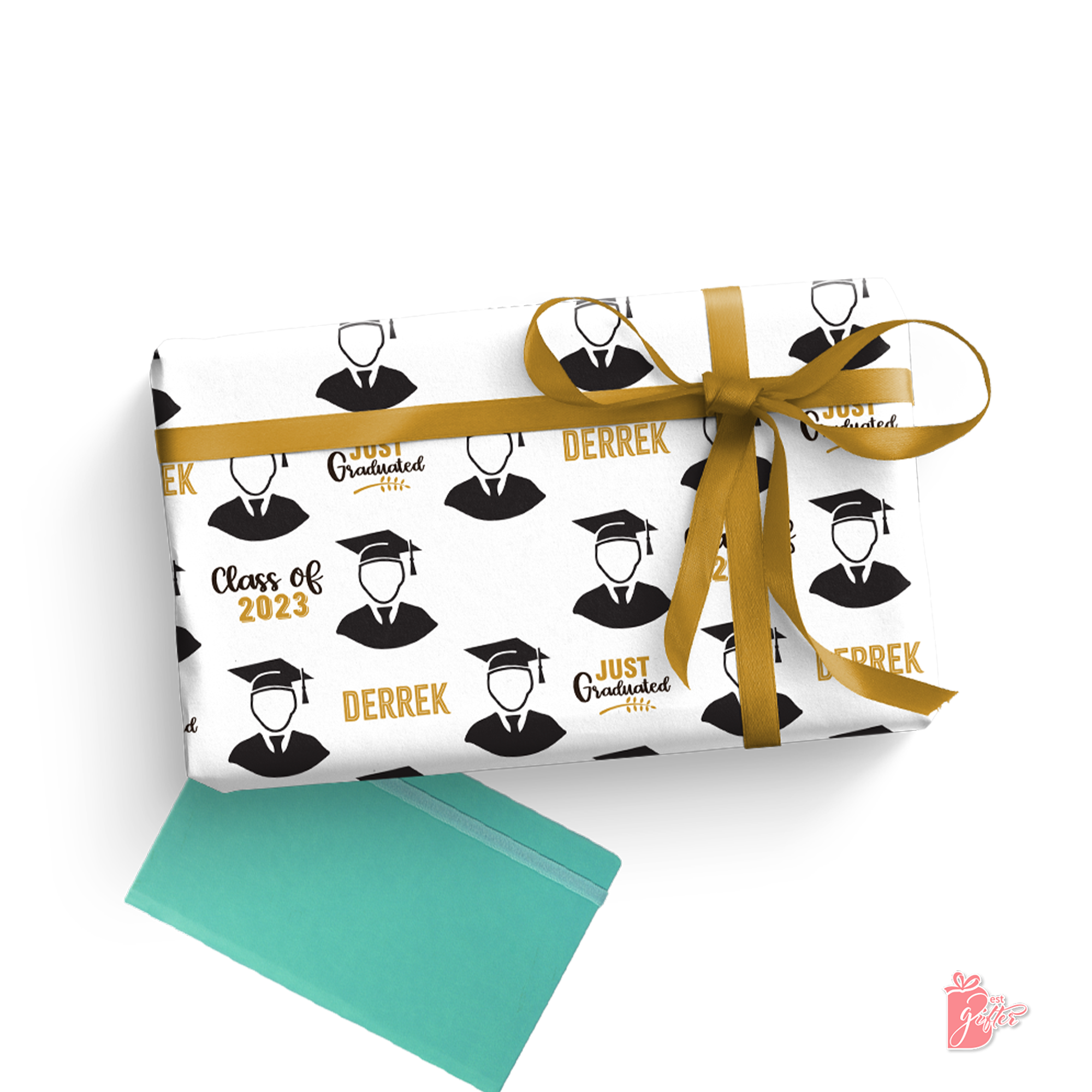 Boy graduate wearing a cape and graduation cap, with "Class of 2023" personalized with any first name. Available in black and