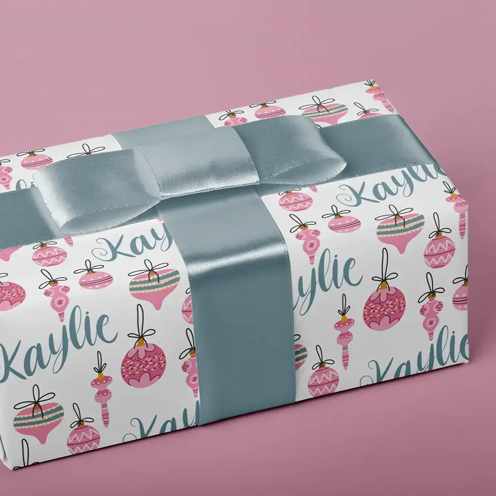 white christmas wrapping paper with pink ornaments personalized